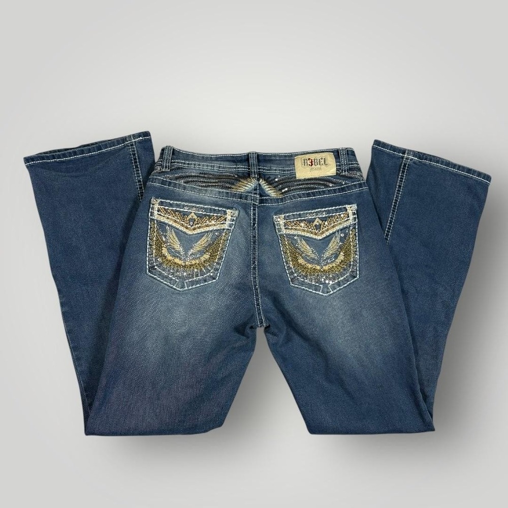 R3BEL Jeans Juniors 15 Blue‎ Bootcut Rhinestone Sequin Embellished Pockets Denim